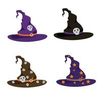 Witch hat vector illustration. Witch hat with different colors and styles. Happy halloween clip art. Flat vector in cartoon style isolated on white background.