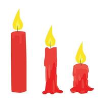 Wax candles with flame in different  stages of burn. Buring wax candles illustration. Paraffin candle with fire and wax drips. Flat vector in cartoon style isolated on white background.