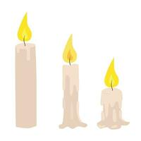 Wax candles with flame in different  stages of burn. Buring wax candles illustration. Paraffin candle with fire and wax drips. Flat vector in cartoon style isolated on white background.