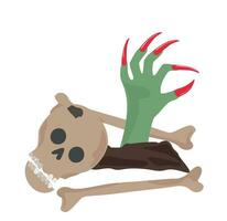 Skull vector. Cartoon zombie hand out of the ground. Hand from ground vector. Halloween concept. Flat vector in cartoon style isolate on white background.