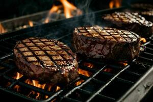 Beef steaks on the grill. AI Generative Pro Photo