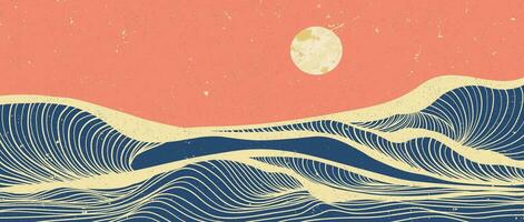 Ocean wave landscape illustration in vintage style. abstract line art background with sea, wave and the moon vector