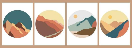 Set of Round Mountains logo. Round logo for stickers, poster logos, card. Minimalist style landscape illustrations of Mid century modern art with river, hills, wave vector