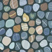 Flat pebble seamless pattern on dark background. Sea stones of different shapes and colors. Vector illustration