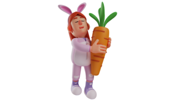 3D illustration. Sleepy Bunny Girl 3D cartoon character. Kids wearing bunny costumes and hugging big carrots. Bunny girl closes her eyes and looks exhausted. 3D cartoon character png