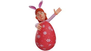 3D illustration. Friendly Bunny Girl 3D cartoon character. Bunny girl shows the giant easter egg she got. Bunny girl waves her hand to someone she meets. 3D cartoon character png