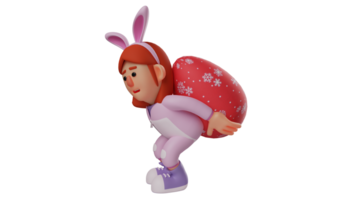 3D illustration. Strong Bunny Girl 3D cartoon character. Bunny girl carrying a giant easter egg on her back. Bunny girl will bring easter eggs to a Christmas celebration. 3D cartoon character png