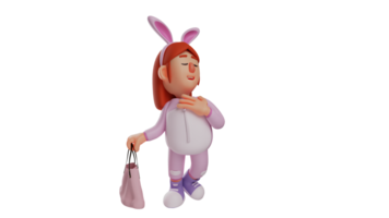 3d ilustração. linda Coelho menina 3d desenho animado personagem. Coelho menina carregando compras bolsas. Coelho menina parece lindo e encantador. Coelho tem curto e em linha reta cabelo. 3d desenho animado personagem png