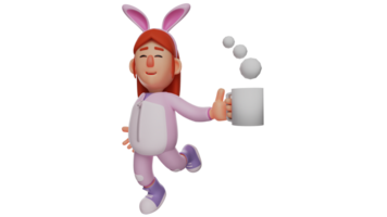 3d illustration. actif lapin fille 3d dessin animé personnage. lapin fille dans fonctionnement pose. un attrayant lapin fille court autour porter une verre de chaud boire. 3d dessin animé personnage png