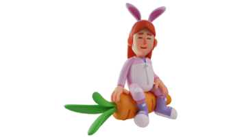 3d illustration. sucré lapin fille 3d dessin animé personnage. lapin fille séance sur une géant carotte. lapin fille sourit gentiment à Quelqu'un dans de face de son. 3d dessin animé personnage png