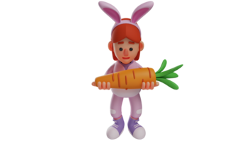 3D illustration. Cute Bunny Girl 3D cartoon character. Bunny girl looks at the carrots she is carrying. Bunny Girl showed an astonished expression looking at the big carrot. 3D cartoon character png
