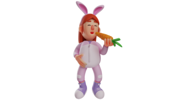 3D illustration. Bunny Girl 3D cartoon character. Hungry Bunny girl eat the carrot she brought. Beautiful bunny girl gets fresh carrots from her own garden. 3D cartoon character png