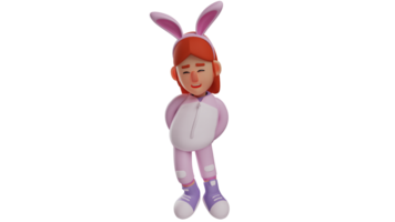 3d illustration. timide lapin fille 3d dessin animé personnage. lapin fille se tenait en haut et regardé bas. lapin fille montré un embarrassé expression. timide fille porte un adorable lapin costume. 3d dessin animé personnage png