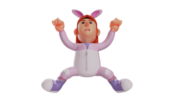 3D illustration. Whimsical Bunny Girl 3D cartoon character. Bunny Girl in a strange pose while stretching her arms. Bunny girl is facing upwards and showing a scary expression. 3D cartoon character png