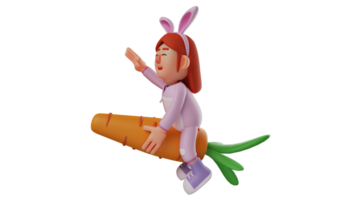 3D illustration. Great Bunny Girl 3D cartoon character. Bunny girl rides on a giant carrot and flies. Bunny girl spread her arms and was flying happily. 3D cartoon character png