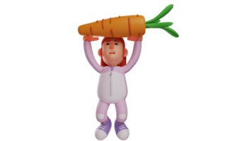 3D illustration. Srong Bunny Girl 3D cartoon character. Bunny girl lifts a giant carrot with both hands. The little bunny girl showed a distressed expression and tried her best. 3D cartoon character png