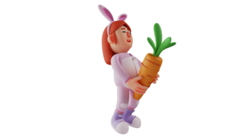 3D illustration. Cute Student 3D cartoon character. Cute student wearing bunny costume at school event. Bunny student carrying carrots and showing her tired expression. 3D cartoon character png