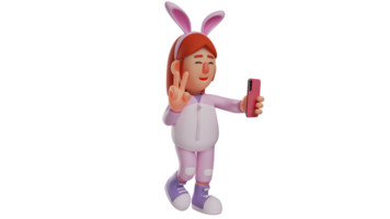 3d illustration. charmant lapin fille 3d dessin animé personnage. lapin fille est prise une selfie en utilisant sa téléphone portable. lapin fille pose pacifiquement et sourit magnifiquement orienté vers le caméra. 3d dessin animé personnage png