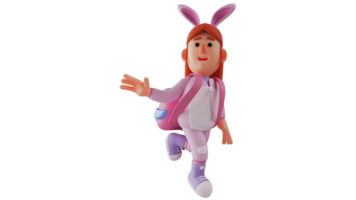 3d illustration. diligent écolière 3d dessin animé personnage. mignonne écolière portant une lapin costume et porter une sac à dos sur sa dos. lapin fille est prêt à étude à école. 3d dessin animé personnage png