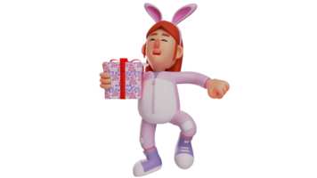 3D illustration. Little Girl 3D cartoon character. Little girl who will come to the birthday party wearing a bunny costume. Bunny girl carries a gift box to give to her friend. 3D cartoon character png