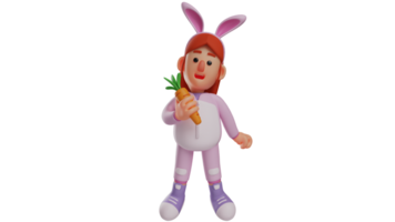 3D illustration. Adorable Bunny Girl 3D cartoon character. Bunny girl brings a fresh carrot. Bunny girl shows her sweet smile and looks cute. 3D cartoon character png