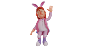 3d illustration. mignonne écolière 3d dessin animé personnage. magnifique étudiant qui porte une lapin costume à aller à une école événement. lapin fille porte une sac à dos sur sa dos. 3d dessin animé personnage png