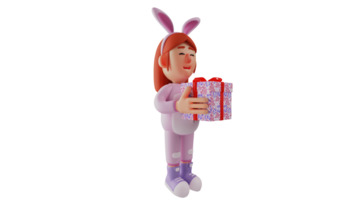 3d ilustração. romântico menina 3d desenho animado personagem. agradável Coelho menina carregando uma caixa do presentes. Coelho menina vai dar a presente ela trouxe para dela amigo. Coelho menina sorrisos Felizmente. 3d desenho animado personagem png