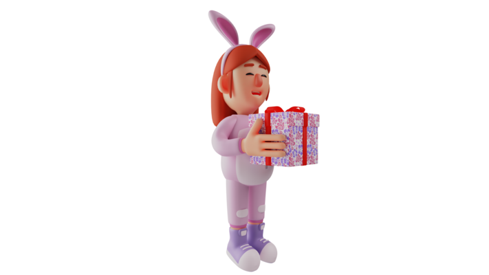 3D illustration. Romantic Girl 3D cartoon character. Nice bunny girl  carrying a box of gifts. Bunny girl will give the gift she brought to her  friend. Bunny girl smiles happily. 3D cartoon
