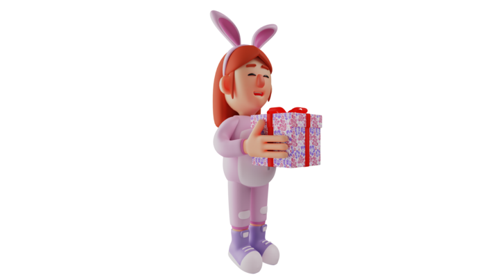 3D illustration. Romantic Girl 3D cartoon character. Nice bunny girl  carrying a box of gifts. Bunny girl will give the gift she brought to her  friend. Bunny girl smiles happily. 3D cartoon