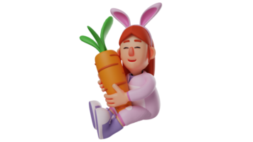 3d illustrazione. dolce coniglietto ragazza 3d cartone animato carattere. coniglietto ragazza seduta mentre abbracciare un' gigante carota. coniglietto ragazza riposato mentre chiusura sua occhi. adorabile coniglietto ragazza. 3d cartone animato personaggio png