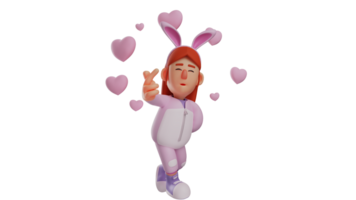 3D illustration. Romantic Bunny Girl 3D cartoon character. Little girl wearing a bunny girl costume. Little girl with love pose using her fingers. Bunny girl surrounded by love. 3D cartoon character png