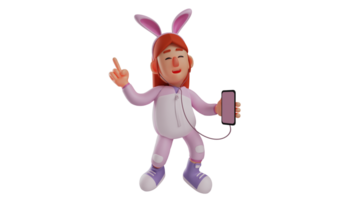 3D illustration. Cheerful Bunny Girl 3D cartoon character. Bunny Girl is listening to a song on her cellphone. Bunny girl smiled while following the music she was listening to. 3D cartoon character png