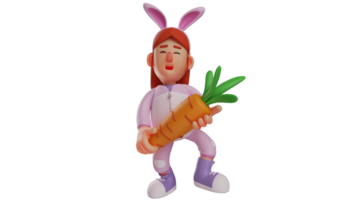 3D illustration. Cute Bunny Girl 3D cartoon character. Girl wearing a pink bunny costume. Girl who likes rabbits is playing the role of a rabbit. Bunny lifting a giant carrot. 3D cartoon character png