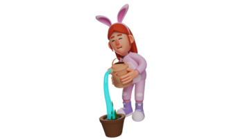 3D illustration. Bunny Girl 3D cartoon character. Bunny girl is watering a plant in a pot. A little girl who diligently watered the plants every day. 3D cartoon character png