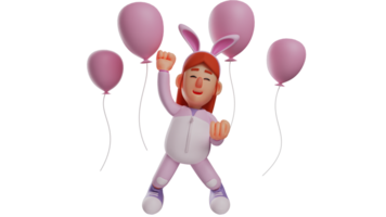 3d illustratie. vrolijk konijn meisje 3d tekenfilm karakter. konijn meisje is dansen onder de vliegend ballonnen. konijn meisje omringd door Purper ballonnen. konijn meisje looks gelukkig. 3d tekenfilm karakter png