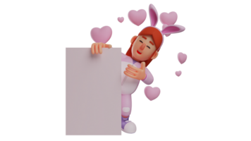 3D illustration. Adorable Bunny Girl 3D cartoon character. Bunny girl is explaining something on the whiteboard. Student wearing a bunny costume and surrounded by love. 3D cartoon character png