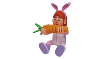 3d illustration. peu fille 3d dessin animé personnage. le peu fille porte une lapin costume et regards adorable. lapin fille séance et porter une gros carotte. 3d dessin animé personnage png