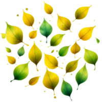 Floating Yellow Green Leaves Material Falling. AI Generative png