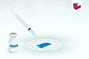 COVID-19 vaccination in Mississippi, coronavirus vaccination illustration with vaccine bottle and syringe injection in map of Mississippi. vector