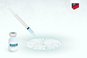 COVID-19 vaccination in Liechtenstein, coronavirus vaccination illustration with vaccine bottle and syringe injection in map of Liechtenstein. vector