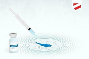 COVID-19 vaccination in Austria, coronavirus vaccination illustration with vaccine bottle and syringe injection in map of Austria. vector