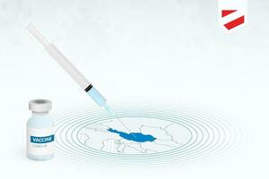 COVID-19 vaccination in Austria, coronavirus vaccination illustration with vaccine bottle and syringe injection in map of Austria. vector