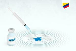 COVID-19 vaccination in Colombia, coronavirus vaccination illustration with vaccine bottle and syringe injection in map of Colombia. vector