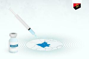 COVID-19 vaccination in Angola, coronavirus vaccination illustration with vaccine bottle and syringe injection in map of Angola. vector