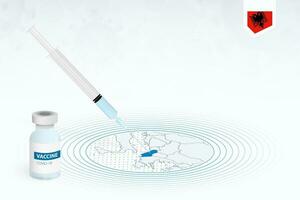 COVID-19 vaccination in Albania, coronavirus vaccination illustration with vaccine bottle and syringe injection in map of Albania. vector