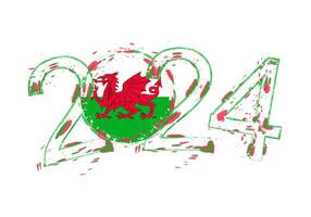 2024 Year in grunge style with flag of Wales. vector