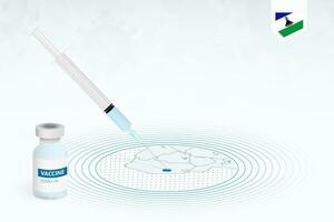 covid-19 vacunación en Lesoto, coronavirus vacunación ilustración con vacuna botella y jeringuilla inyección en mapa de Lesoto. vector