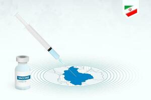 COVID-19 vaccination in Iran, coronavirus vaccination illustration with vaccine bottle and syringe injection in map of Iran. vector