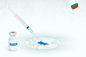 COVID-19 vaccination in Bulgaria, coronavirus vaccination illustration with vaccine bottle and syringe injection in map of Bulgaria. vector