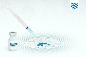 COVID-19 vaccination in Greece, coronavirus vaccination illustration with vaccine bottle and syringe injection in map of Greece. vector